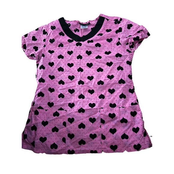 Heartsoul Womens XS Pink & Black Heart Set of 3 Scrub Tops Pink Orange Yellow - Picture 2 of 6